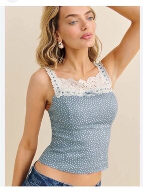 Reformation Blue Polka Dot Lace-Trim Camisole